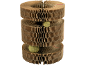 Corrugated cardboard cat play tower with two green balls.