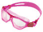 Pink swimming goggles with clear lenses and an adjustable strap