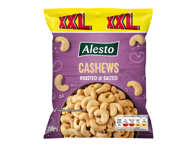 Large bag of roasted and salted cashews, with nutritional information and 250g weight.