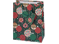 Dark green Christmas gift bag with red, green, and gold ornaments, and a matching tag.