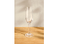 Empty champagne flute on a wooden table with a light background.