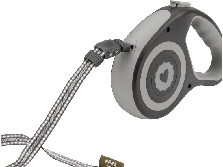 Grey retractable leash with LED light strip and heart motif