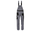 Grey work dungarees with black pockets.