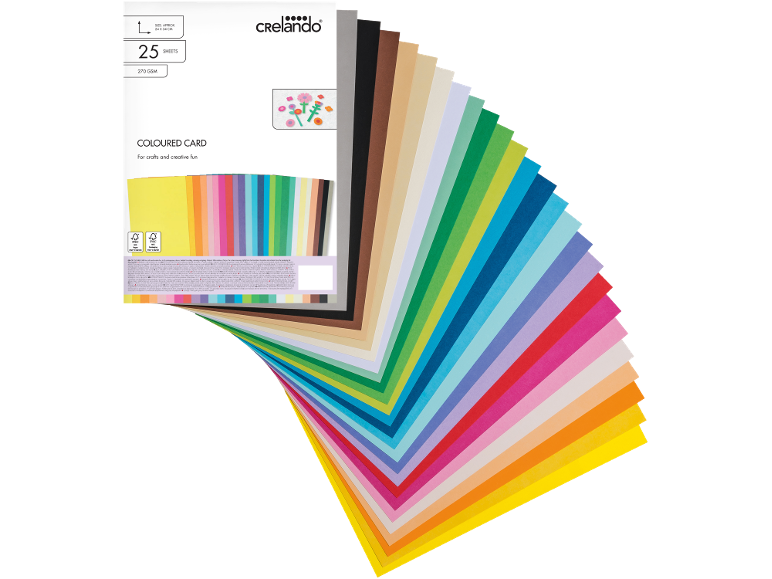 Pack of 25 sheets of coloured card for crafts, 270 GSM.