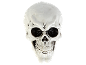 White skull with black eye sockets and cracks, on a black background.
