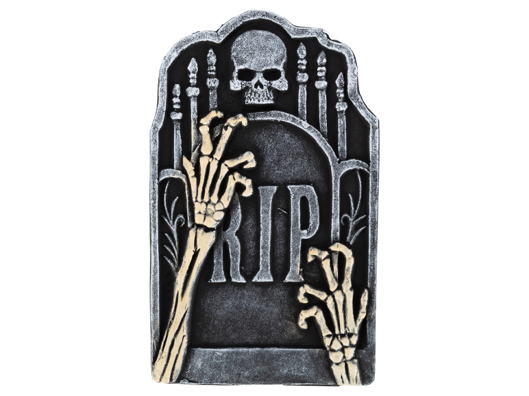 Halloween tombstone with a skull, skeletal hands, and the text „RIP“.