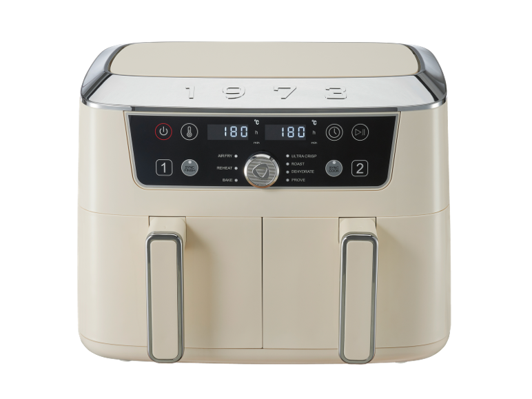Cream double air fryer with digital display showing 180°C and cooking options.