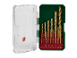 Open case with a set of golden drill bits of various sizes