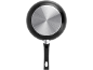 Frying pan with induction base and black handle, viewed from underneath.