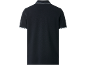 Black men's polo shirt with striped collar and cuffs, back view.