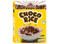 Yellow box of chocolate rice cereal with a bowl of cereal and milk, and nutritional information.