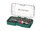 Screwdriver set with a ratchet handle and various bits in a green case.