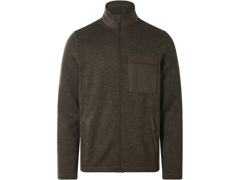 Dark brown men's zip-up fleece jacket with a stand-up collar and pockets.