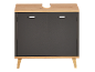 Dark grey bathroom base cabinet with light wood top and legs