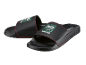 Black slides with red stitching and green 