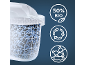 Water filter with blue and black granules, featuring 50% bio, recycling, and no plastic icons.