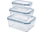 Set of three stacked glass food containers with clear plastic lids.