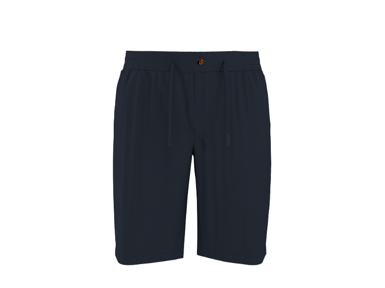 Dark blue shorts with an elastic waistband and drawstring, featuring a brown button.
