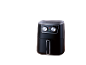 A black air fryer with silver control knobs on a black background.