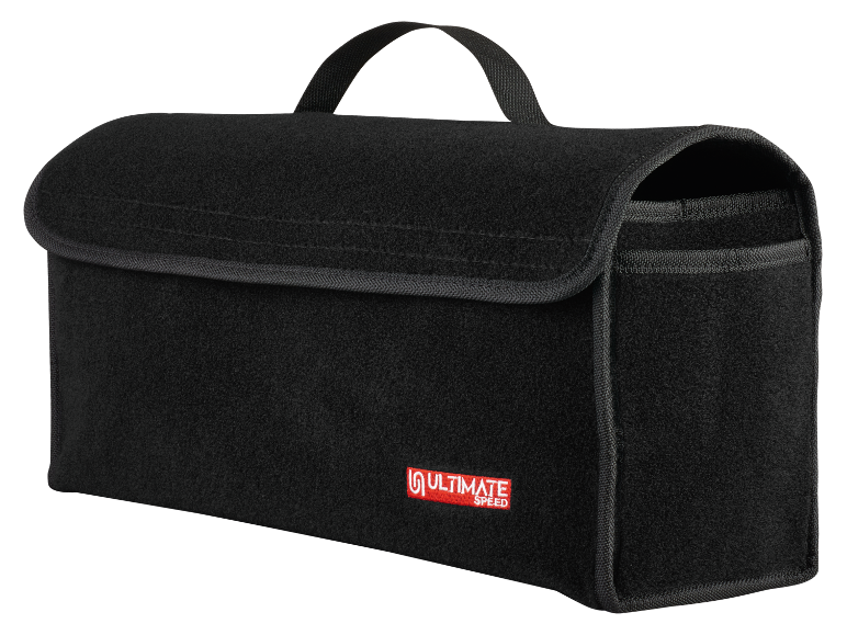 Black car boot organizer bag with a red logo.