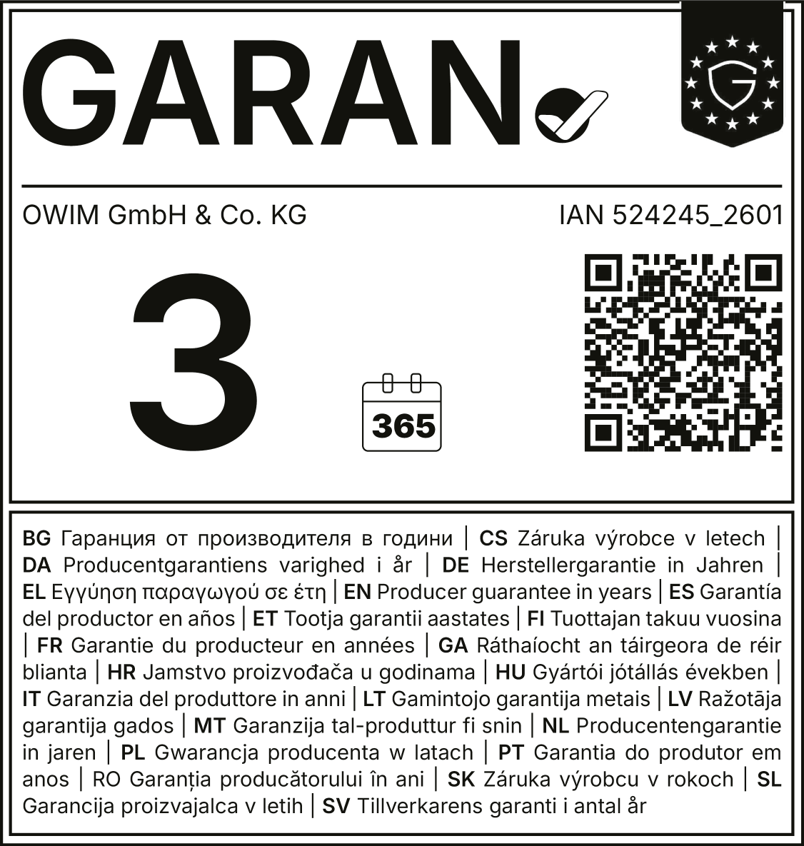 Producer guarantee for 3 years (365 days), IAN number 524245_2601.
