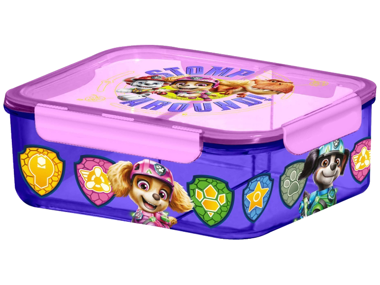 Lunch box with a pink lid and blue base, decorated with puppy and dinosaur characters.