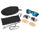 Sports glasses with three pairs of interchangeable lenses, a case, and a pouch.