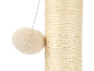 Cat scratching post with a fluffy beige ball toy.