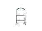 Folding two-step ladder with a green handle.