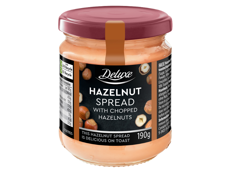 Hazelnut spread with chopped hazelnuts in a glass jar, 190g.