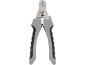Grey and black pet nail clippers with metal blades and a spring.