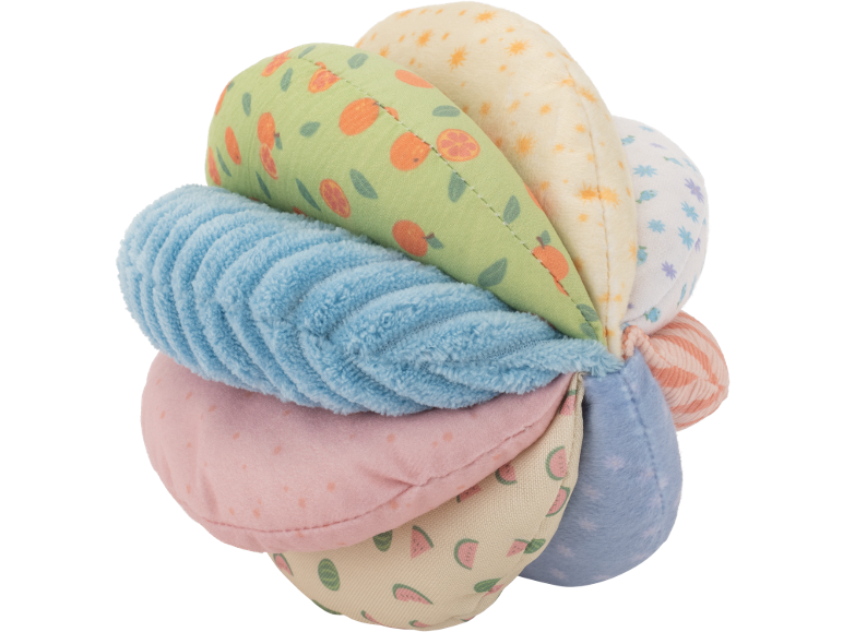 Soft, multi-colored baby activity ball with fruit and star patterns.