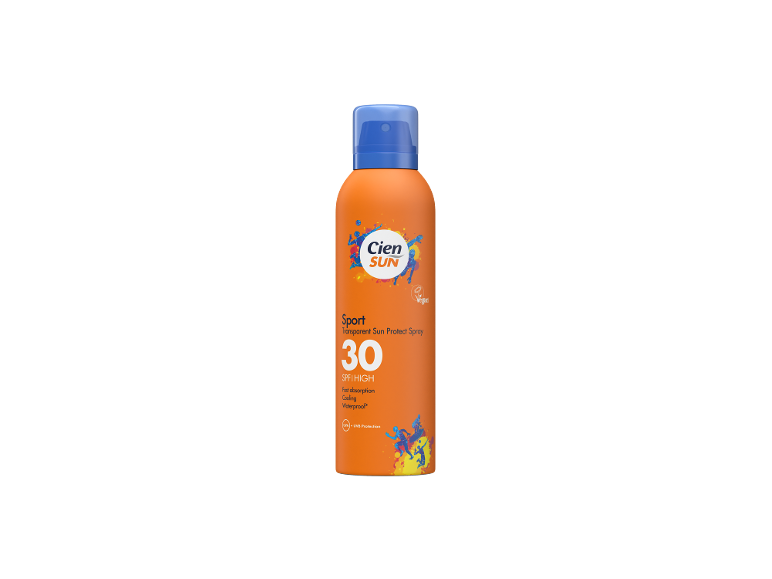 Orange sport transparent sun protect spray SPF 30, high protection, fast absorption, cooling, waterproof.