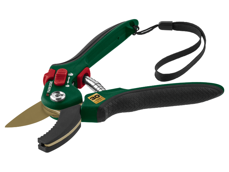 Green garden shears with golden blades and a black strap, marked '30 YEARS'.