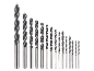 Set of wood drill bits, arranged by size, from large to small.