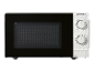 Black and white microwave with manual control panel and glass door.