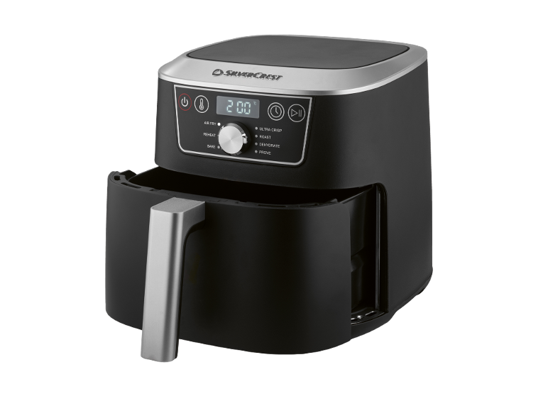 Black air fryer with a digital display showing 200 degrees and cooking options.