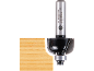 Router bit with a bearing, shaping a rounded edge on a wooden board.
