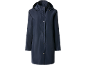 Dark blue women's rain jacket with a hood and snap buttons