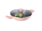 Pink wok pan with a transparent lid, filled with vegetables.