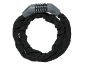 Black bicycle chain lock with a combination padlock, coiled in a circle.