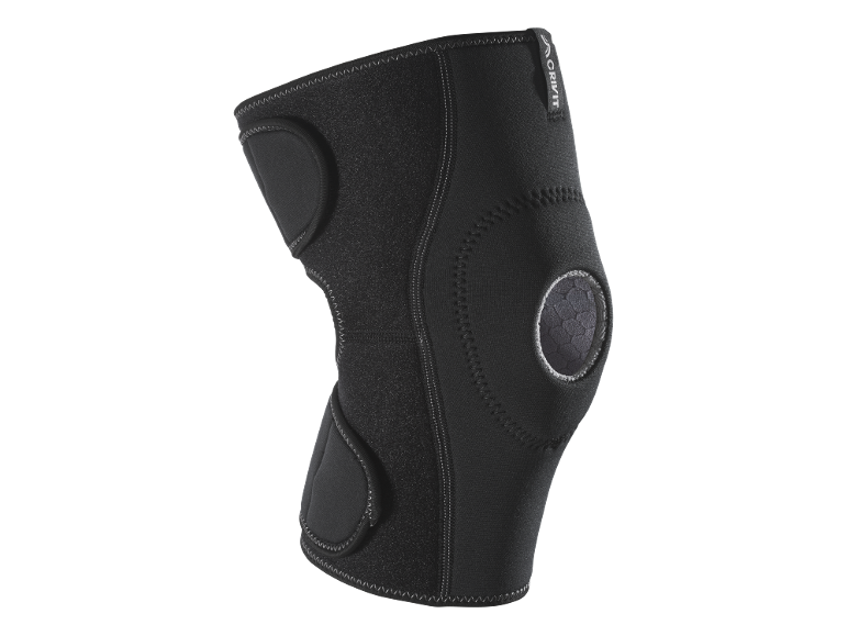 Black knee brace with reinforced padding and adjustable straps.