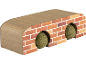 Cat play track with two catnip balls and a brick motif.