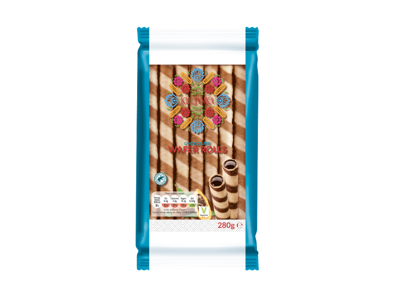 Chocolate wafer rolls in a blue package with a colorful folk art design.