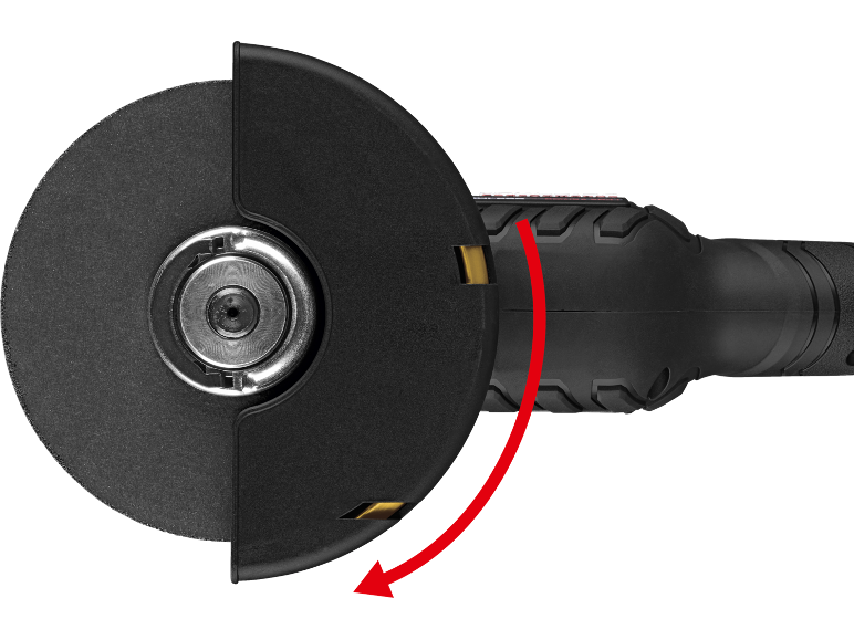 Angle grinder with blade guard and a red arrow indicating the direction of rotation.