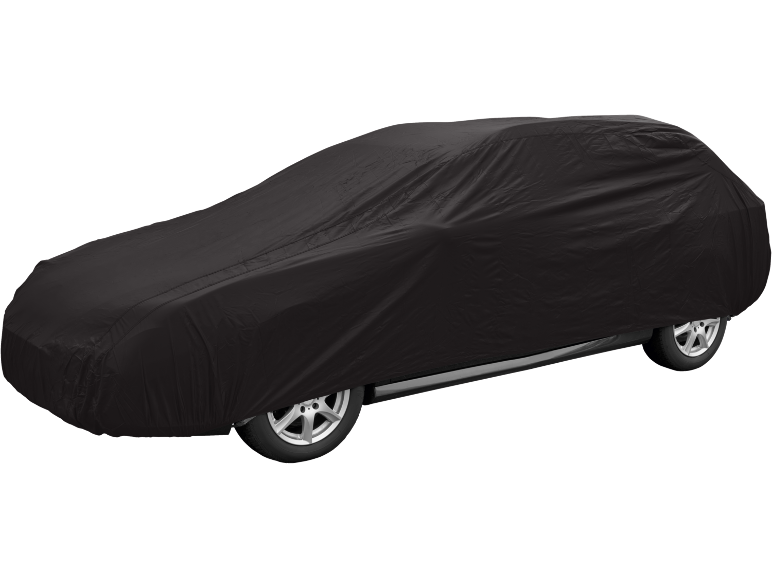 Black car cover fully covering the vehicle, with visible wheels.