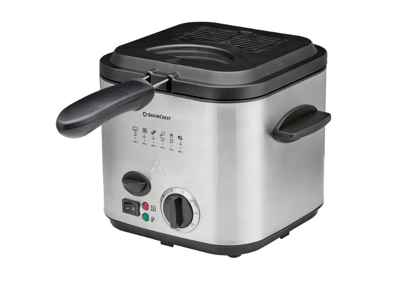 Stainless steel deep fryer with black lid, handle, and control panel