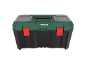 Green and black toolbox with red clasps and clear compartments.