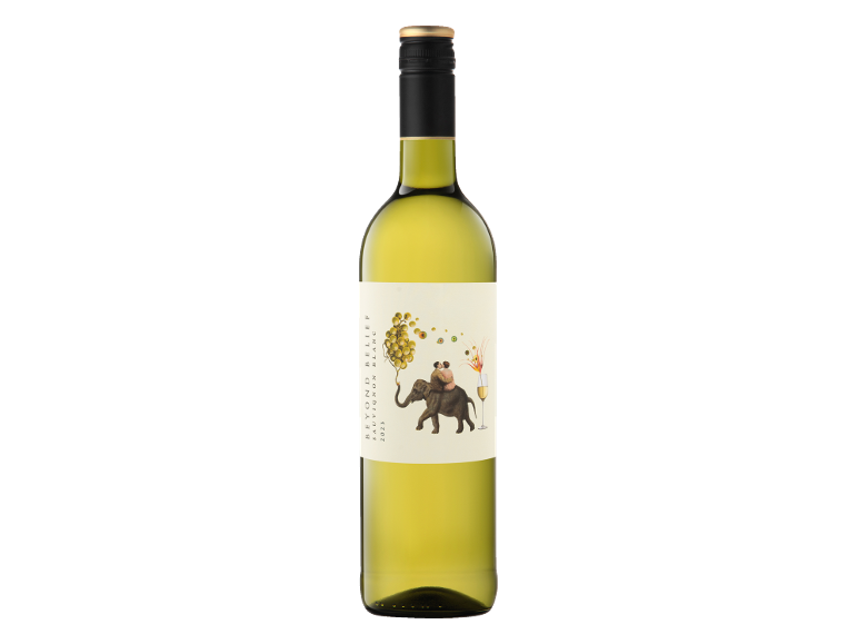 White wine bottle with a whimsical label featuring an elephant, couple, and grapes.