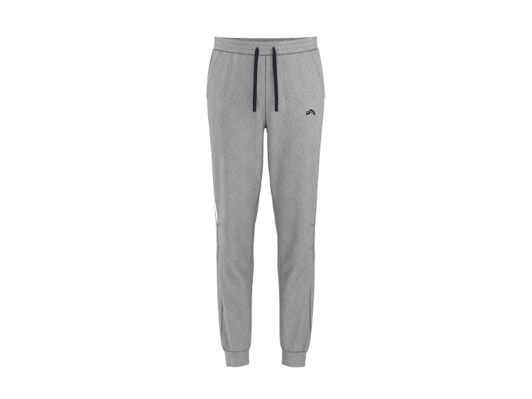 Men's grey sweatpants with dark drawstring and logo on the hip.
